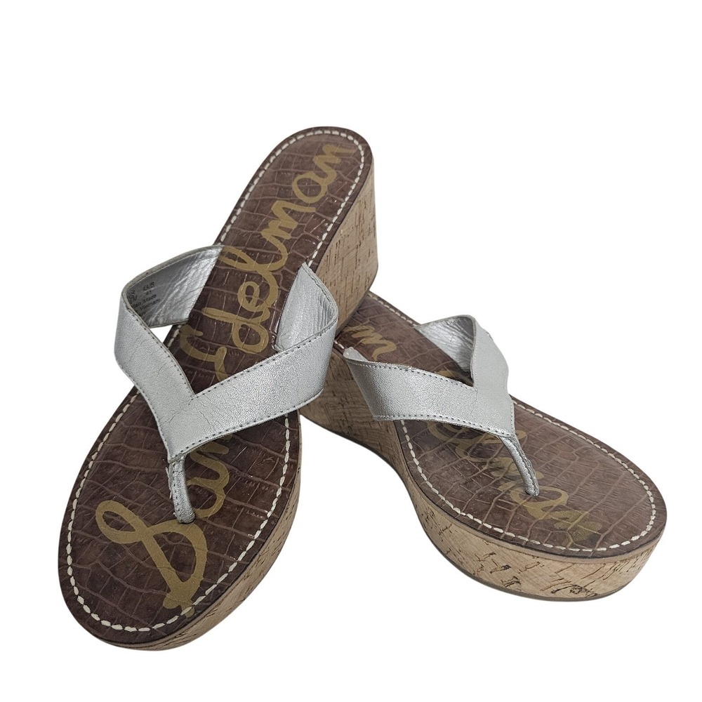 Sam Edelman Wedge Sandal Womens 9.5 Silver Romy Cork Platform Metallic Thong
